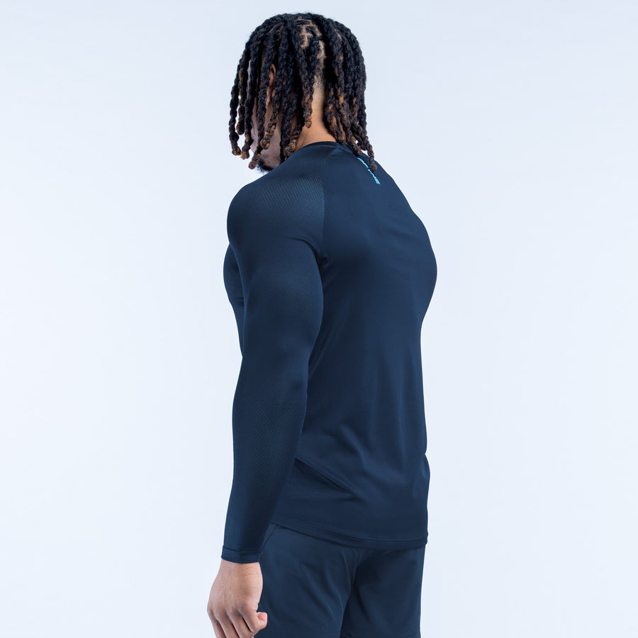 Dark navy long-sleeve training T-shirt with crew neck, back view