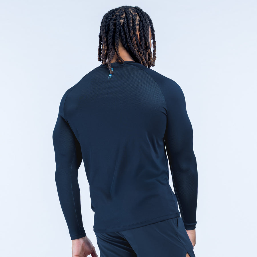 Dark navy long-sleeve training T-shirt with back logo, crew neck back view