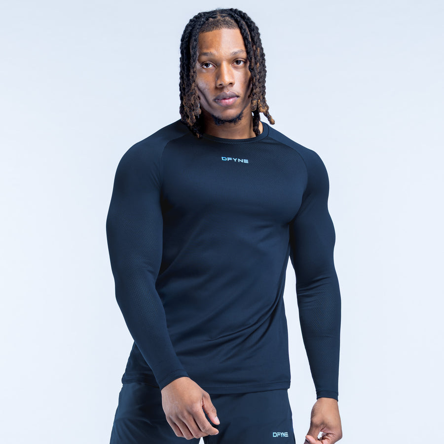 Dark navy long-sleeve training T-shirt with chest and sleeve logo details