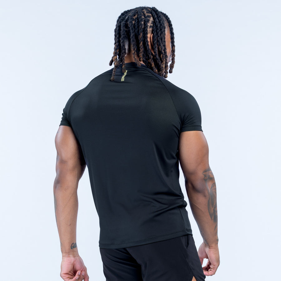 Black training t-shirt, back view, crew neck and short sleeves.