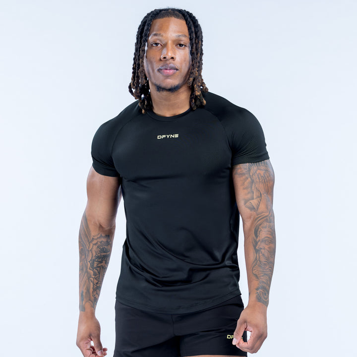 Black training t-shirt with small chest logo, front view, short sleeves and crew neck.