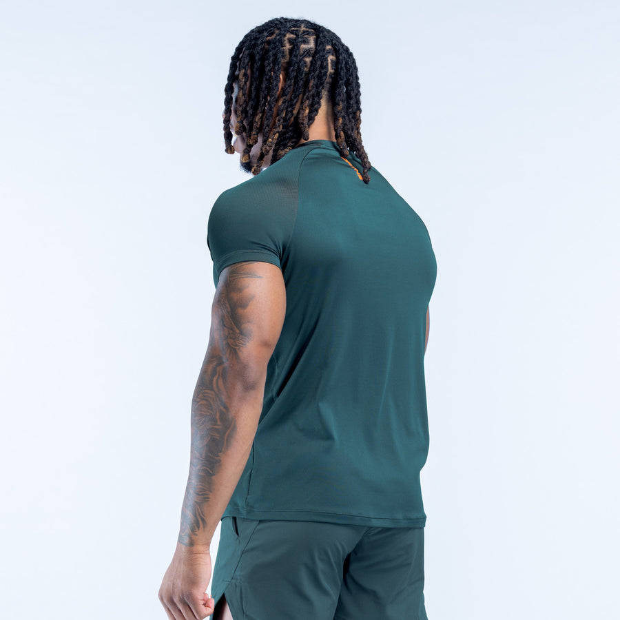 Dark green training T-shirt, back view with crew neck and short sleeves