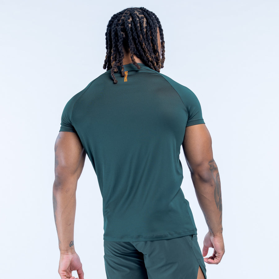 Dark green training T-shirt, back view with small collar logo