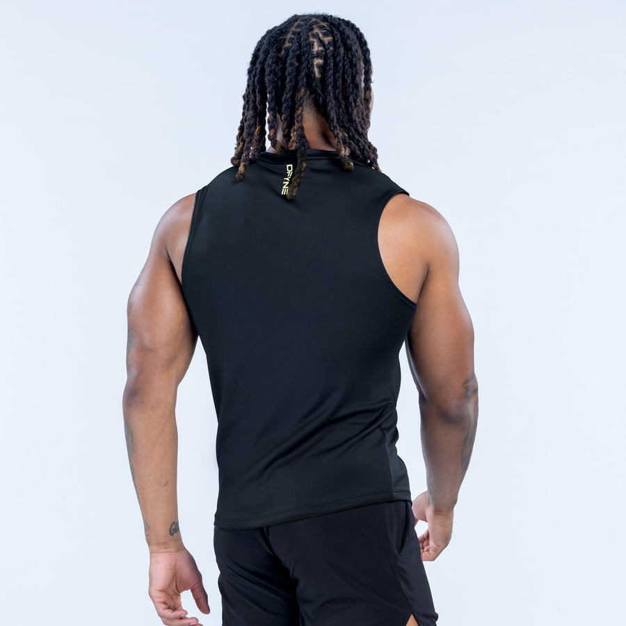 Black sleeveless tank top with crew neck, high back, back view