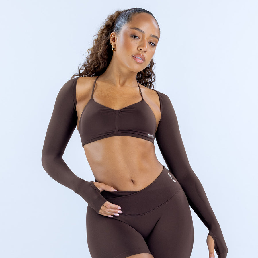 Brown long-sleeve shrug with cropped front and smooth stretch fabric