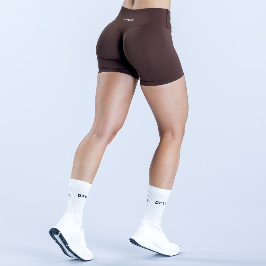 Women’s dark brown 4.5" performance shorts, side view