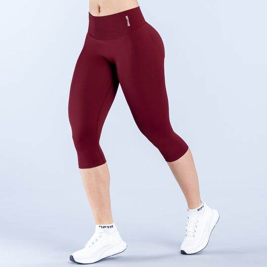Vision capri pants with straight waistband, burgundy stretch knit, cropped 3/4 length