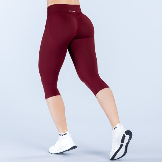 Vision capri pants with straight waistband, burgundy stretch knit, side view, cropped