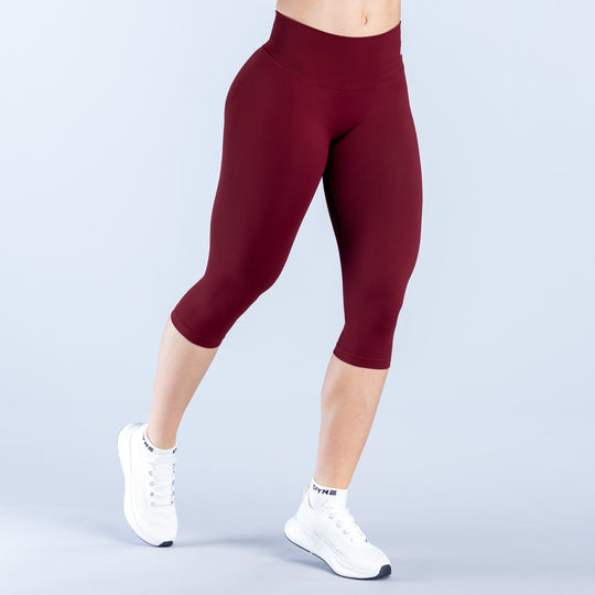 Vision capri pants with straight waistband, burgundy stretch knit, front view, 3/4 length