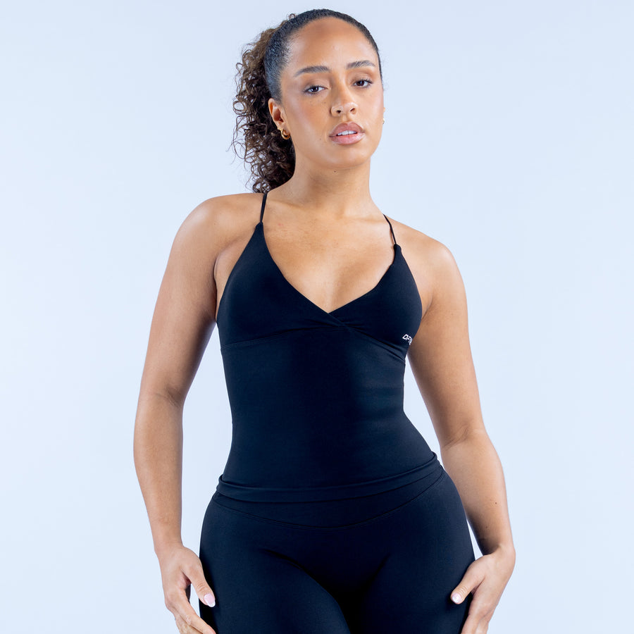 Longline twist-front tank top with V-neck, black