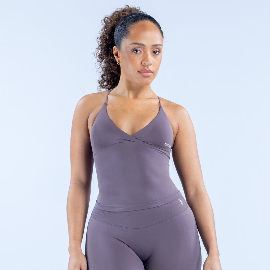 Longline twist-front top, V-neck camisole style, dark gray-purple