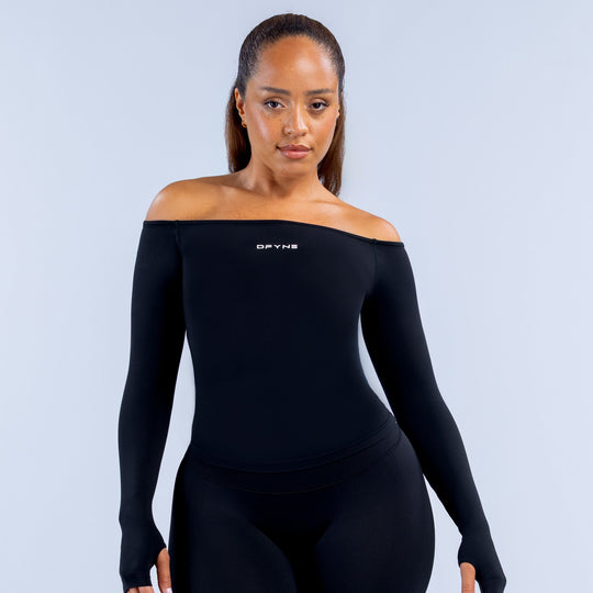 Black off-shoulder long sleeve top with slim fit