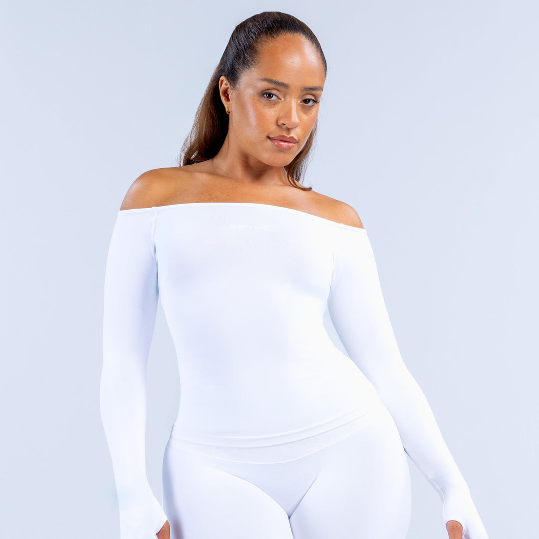 White off-shoulder long sleeve top, fitted with straight neckline
