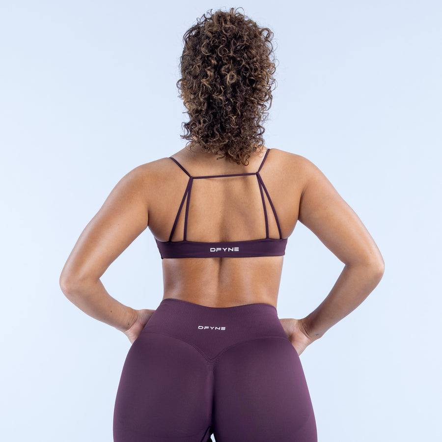 Sports bra with crisscross back straps, dark plum