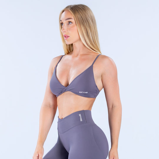 Twist front sports bra, dark purple triangle cups and crossed back straps