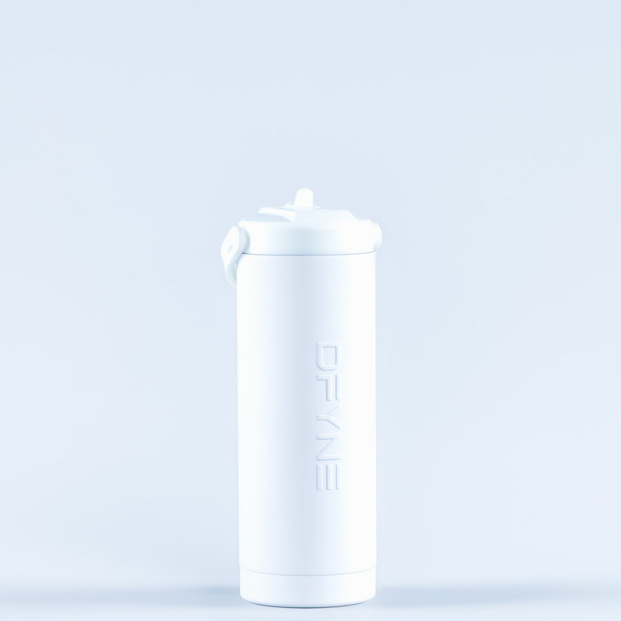 White water bottle with raised screw-top lid and vertical logo