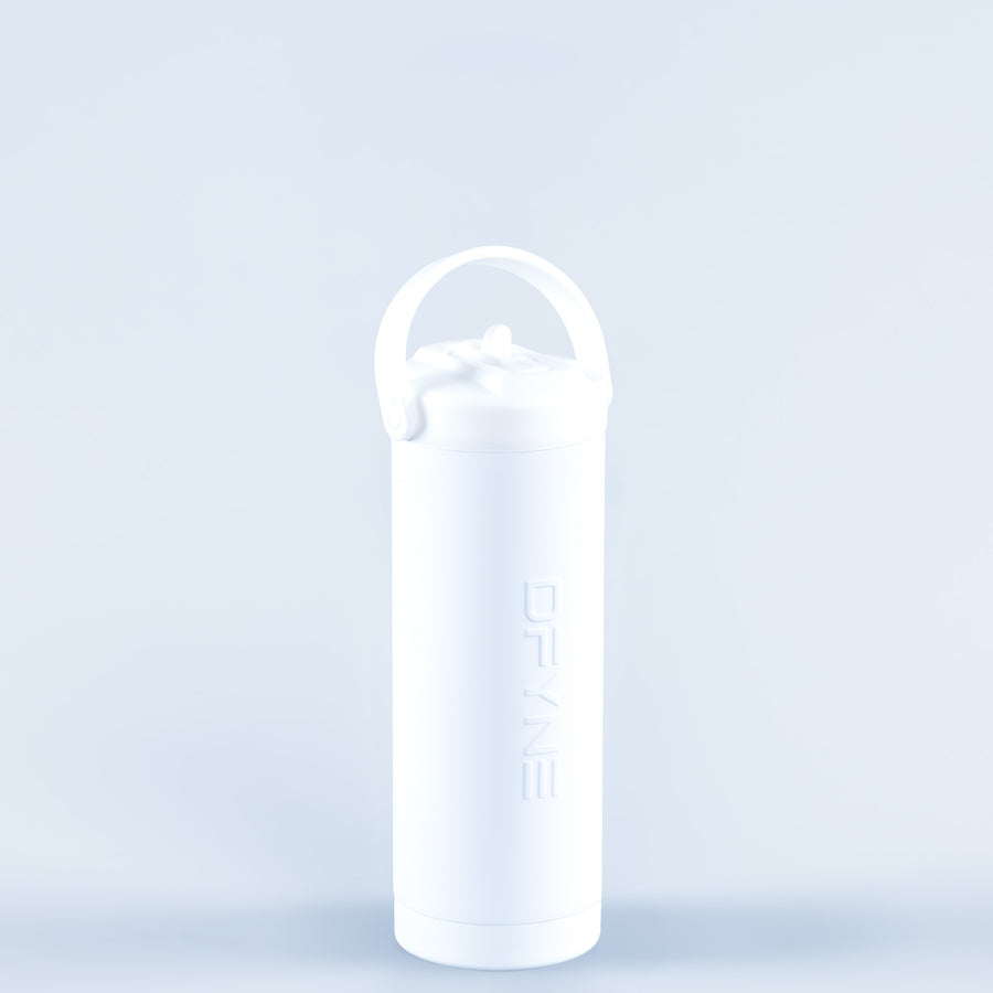 White water bottle with loop handle and screw lid, vertical logo