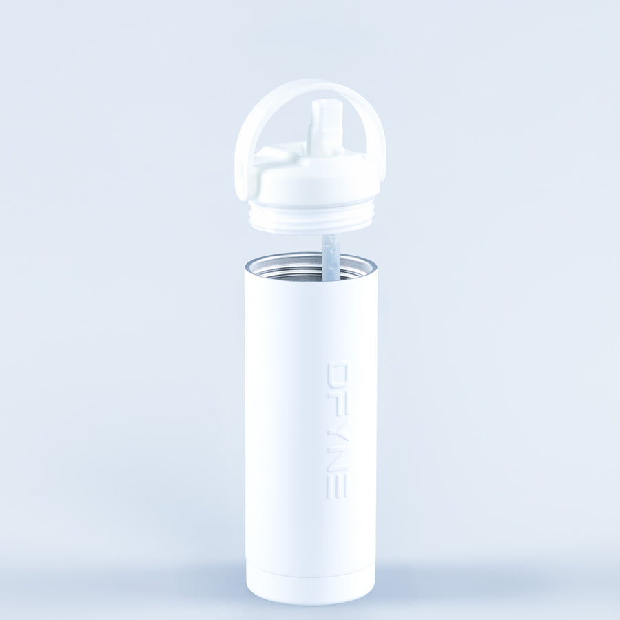 White water bottle with open cap and straw dispenser, vertical logo