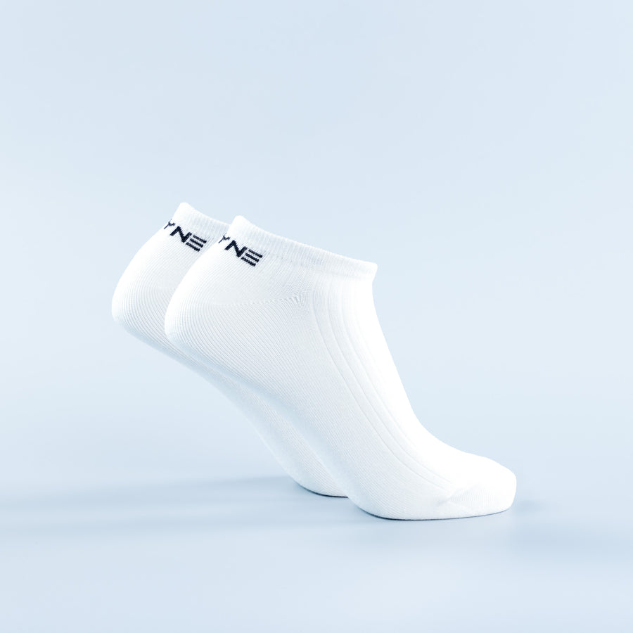 White ankle socks with dark logo at cuff, cushioned knit