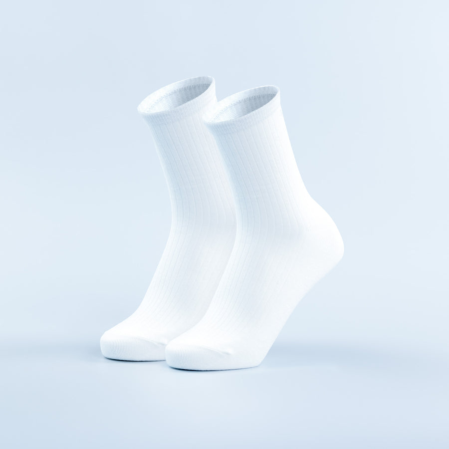 White crew socks, ribbed knit with cushioned sole and smooth cuff