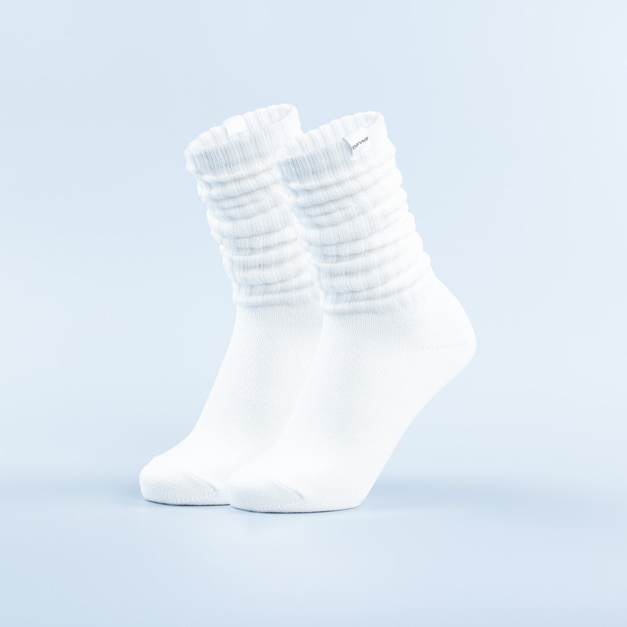 White scrunch socks, side view, with gathered elastic cuff and plain toe