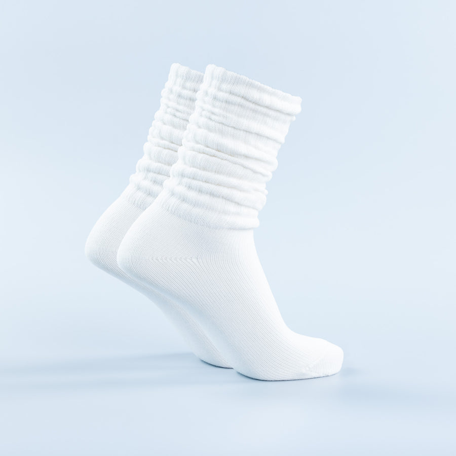 White scrunch crew socks with ribbed, gathered cuff and smooth knit foot