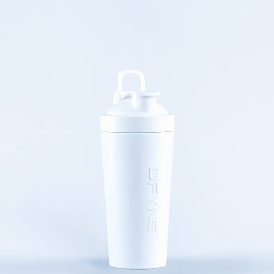 White shaker bottle with screw-on lid and carry handle