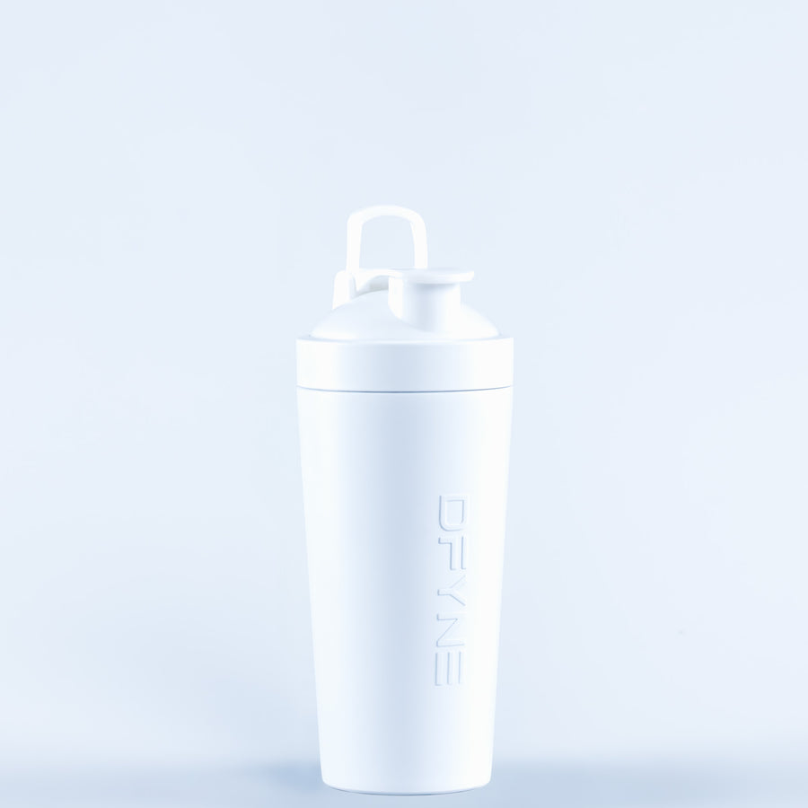 White shaker bottle with screw-on lid and carry handle