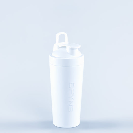 White shaker bottle with flip-top lid and carry handle