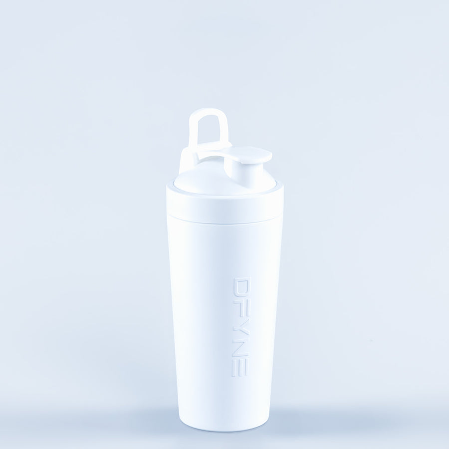 White shaker bottle with flip-top lid and carry handle