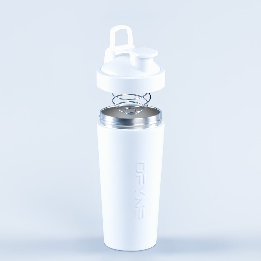 White shaker bottle with flip-top lid and visible mixing ball